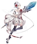  blood bloody_clothes blue_eyes breasts crystal detached_sleeves dress flower full_body hat high_heels holding holding_staff ji_no official_art platform_footwear rose see-through side_ponytail silver_trim sinoalice small_breasts snow_white_(sinoalice) solo staff thighhighs transparent_background white_hair 