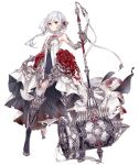 bare_shoulders blood bloody_clothes blue_eyes boots breasts dress elbow_gloves flower full_body gloves hair_flower hair_ornament hammer holding holding_hammer holding_weapon ji_no looking_at_viewer official_art rose serious sinoalice skirt_hold small_breasts snow_white_(sinoalice) solo thigh_boots thighhighs transparent_background weapon white_hair 