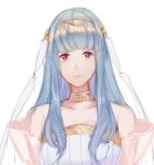  banned_artist bare_shoulders blue_hair bridal_veil bride dress fire_emblem fire_emblem:_rekka_no_ken fire_emblem_heroes hair_ornament jewelry llicornia long_hair looking_at_viewer mamkute necklace ninian red_eyes smile solo veil wedding_dress 