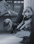  gloves gundam headwear_removed helmet helmet_removed highres mecha mobile_suit_gundam monochrome pilot_suit sayla_mass short_hair short_sleeves solo squatting suzushiro_(suzushiro333) 