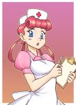  1girl apron blue_eyes blush border breasts clipboard dress eyebrows_visible_through_hair female gradient gradient_background hair_rings hands_up hat holding joy_(pokemon) looking_at_viewer medium_breasts nauth nurse_cap open_mouth outline pink_dress pink_hair pokemon pokemon_(anime) puffy_short_sleeves puffy_sleeves red_cross shiny shiny_hair short_sleeves simple_background solo standing thermometer tied_hair upper_body white_border white_hat 