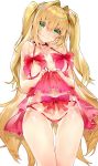  absurdres ahoge ass_visible_through_thighs bare_shoulders blush bow choker commentary_request cowboy_shot eyebrows_visible_through_hair fate/extra fate_(series) green_eyes hair_intakes head_tilt highres kou_mashiro lingerie long_hair looking_at_viewer nail_polish navel negligee nero_claudius_(fate)_(all) ribbon_choker sidelocks simple_background smile string_panties thigh_gap two_side_up underwear very_long_hair white_background 