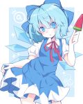  1girl absurdres ayakabu blue_eyes blue_hair bow cirno food hair_between_eyes hair_bow highres looking_at_viewer popsicle short_hair skirt_hold solo touhou watermelon_bar 
