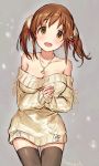  aran_sweater bad_id bad_pixiv_id bare_shoulders blush breasts brown_eyes brown_hair cleavage collarbone cowboy_shot dress eyebrows_visible_through_hair hair_ribbon heart heart_necklace highres idolmaster idolmaster_cinderella_girls jewelry large_breasts looking_at_viewer necklace off-shoulder_sweater open_mouth own_hands_together ribbon simple_background sleeves_past_wrists smile solo sweater sweater_dress tamaext thighhighs totoki_airi twintails 