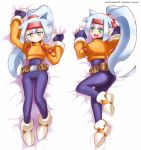  1girl artist_name ashe_(rockman) bed_sheet belt belt_buckle blush bodystocking bodysuit capcom copyright_name dakimakura fingerless_gloves full_body green_eyes headband headgear high_ponytail inti_creates long_hair looking_at_viewer looking_back lying multiple_persona on_bed on_stomach open_mouth ponytail rockman sheet_grab shoutaro_saito silver_hair teeth very_long_hair 