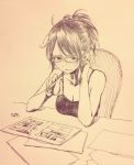  bare_shoulders breasts chair cleavage commentary eraser glasses hair_up kotoyama medium_breasts messy_hair monochrome original pen sweatdrop table 