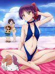  2girls :d ^_^ animal arm_up bangs bare_arms bare_legs bare_shoulders barefoot beach bikini blue_shorts blue_sky blue_swimsuit blush bow brown_hair closed_eyes closed_mouth cloud collarbone commentary crossed_ankles day dog eyebrows_visible_through_hair fang fang_out gegege_no_kitarou geta green_bikini groin hair_bow hair_ornament hair_over_one_eye hairclip head_tilt highres horizon inuyama_mana kitarou long_hair looking_at_viewer mameshiba multiple_girls navel nekomusume nekomusume_(gegege_no_kitarou_6) o-ring o-ring_swimsuit ocean open_mouth outdoors parody purple_hair red_bow sand short_shorts shorts sitting sky smile standing striped striped_vest swimsuit vest water yellow_eyes 