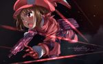  animal_ears animal_hat blush brown_hair bullet_line bullpup bunny_ears eyebrows_visible_through_hair gloves gun hat indy_k llenn_(sao) open_mouth p-chan_(p-90) p90 pink_gloves pink_hat signature solo submachine_gun sword_art_online sword_art_online_alternative:_gun_gale_online weapon 