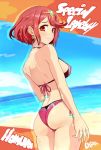  bangs bare_shoulders beach bikini breasts commentary cowboy_shot earrings homura_(xenoblade_2) jewelry looking_at_viewer red_eyes red_hair seaside shirosu short_hair sidelocks smile solo standing swept_bangs swimsuit tiara xenoblade_(series) xenoblade_2 