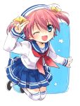  arc_the_lad blue_eyes blush bow choko_(arc_the_lad) commentary_request hair_ribbon happy izumi_kouyou looking_at_viewer open_mouth red_hair ribbon sailor shoes short_hair short_twintails skirt smile solo twintails 