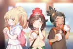  2girls backpack bag beanie black_hair black_shirt blonde_hair closed_eyes dark_skin dark_skinned_male eating floral_print food food_on_face foodgasm green_eyes green_hair hand_on_own_face hat hau_(pokemon) highres lillie_(pokemon) long_hair malasada mizuki_(pokemon) multiple_girls open_mouth pokemon pokemon_(game) pokemon_sm ponytail red_hat shirt short_hair short_sleeves skirt sparkle tied_shirt white_shirt white_skirt zuizi 