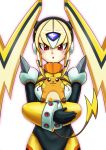  10s :3 android black_gloves blonde_hair blush bodysuit capcom crossover forehead_jewel gen_1_pokemon gloves helmet holding holding_pokemon isitubute looking_up open_mouth oro_s pokemon pokemon_(creature) raichu red_eyes robot_ears rockman rockman_xover shoulder_spikes sidelocks tail upper_body white_background 