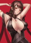  antenna_hair armlet armpits bad_revision bangs breasts breasts_apart brown_dress commentary covered_nipples cropped_revision dress dsr-50_(girls_frontline) earrings english_commentary girls_frontline halterneck hands_up huge_breasts jewelry long_hair looking_at_viewer md5_mismatch monaim parted_lips red_background red_eyes ring simple_background smile solo upper_body 