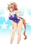  animal_ears bangs bent_over blue_eyes breasts brown_hair collarbone eyebrows_visible_through_hair gabayo hair_ornament hand_on_hip hand_on_own_thigh horse_ears horse_girl horse_tail large_breasts long_hair long_legs looking_at_viewer one-piece_swimsuit open_mouth ponytail shiny shiny_clothes solo star star_hair_ornament swimsuit taiki_shuttle tail umamusume 