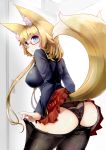  amino_dopple animal_ear_fluff animal_ears ass bangs black_panties blue_eyes blue_shirt blunt_bangs breasts commentary_request contrapposto cowboy_shot dressing eyebrows_visible_through_hair fox_ears fox_tail kitsune large_breasts long_hair long_sleeves looking_at_viewer looking_back original panties pantyhose pantyhose_pull pinky_out pleated_skirt pulled_by_self red-framed_eyewear red_skirt shirt short_eyebrows skirt solo standing tail underwear 