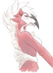  2018 anthro biped black_hair black_nose blush breasts canine digital_media_(artwork) female fur hair half-length_portrait hi_res looking_at_viewer lycanroc mammal midnight_lycanroc multicolored_fur multicolored_hair nintendo nude open_mouth pink_tongue pok&eacute;mon pok&eacute;mon_(species) portrait red_eyes red_fur side_boob side_view simple_background solo tongue tongue_out two_tone_fur two_tone_hair video_games white_background white_fur white_hair xan_(pixiv) 