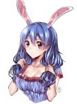  animal_ears blue_hair blush breasts bunny_ears cleavage collarbone commentary_request crescent_print cropped_torso ears_visible_through_hair eyebrows_visible_through_hair frills gem_oblivion hair_between_eyes hair_grab hands_up highres looking_at_viewer medium_breasts red_eyes seiran_(touhou) short_sleeves simple_background smile solo star star_print touhou upper_body white_background 