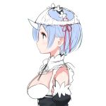 blue_eyes blue_hair blush breasts closed_mouth commentary_request detached_collar detached_sleeves from_side hairband horn large_breasts maid object_on_head panties panties_on_head profile re:zero_kara_hajimeru_isekai_seikatsu rem_(re:zero) simple_background solo underwear white_background yasuyuki 