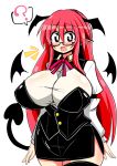  ? bat_wings black_eyes breasts commentary_request demon_girl demon_tail demon_wings dress dress_shirt glasses head_wings highres huge_breasts koakuma long_hair looking_at_viewer open_mouth red_hair rindou_(p41neko) shirt skirt skirt_set smile solo spoken_question_mark tail touhou vest wings 
