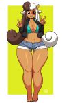  5_fingers 5_toes animal_humanoid barefoot big_breasts bikini bikini_top bovine breasts brown_hair cleavage clothed clothing cow_humanoid dark_skin ear_piercing eyebrows eyelashes female freckles hair hi_res horn humanoid jacket kenron_toqueen klara_(monster_girl_gamu) mammal midriff monster_girl_gamu multicolored_hair navel open_mouth piercing solo swimsuit thick_thighs toes two_tone_hair v_sign white_hair wide_hips 
