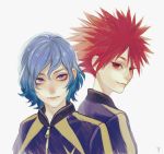  blue_eyes blue_hair closed_mouth commentary_request grey_background highres inazuma_eleven_(series) inazuma_eleven_ares_no_tenbin looking_at_viewer looking_back male_focus mizukamiya_seiryuu multiple_boys murasaki_(fioletovyy) red_eyes red_hair sasotsuka_eiji signature simple_background smile soccer_uniform spiked_hair sportswear uniform zipper 