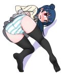  1girl ass bangs bent_over black_legwear blouse blue_hair blue_panties blush crotch_seam dutch_angle from_behind frown full_body grey_skirt kneeling kumaneko_(kumaneko1138) legs lifted_by_self long_hair long_sleeves looking_at_viewer looking_back love_live! love_live!_sunshine!! miniskirt neckerchief open_mouth panties print_skirt purple_eyes red_eyes school_uniform shadow side_bun simple_background single_horizontal_stripe skirt skirt_lift solo sweat thighhighs tsushima_yoshiko underwear uranohoshi_school_uniform wavy_mouth white_background white_blouse yellow_neckwear 