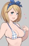  10s 1girl :d adapted_costume bikini blonde_hair blue_eyes bow breasts cleavage collarbone djeeta_(granblue_fantasy) granblue_fantasy hair_bow hanarito heart kimi_to_boku_no_mirai looking_at_viewer open_mouth ribbon short_hair smile solo swimsuit 