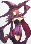 1girl absurdres black_gloves black_legwear black_sclera blazblue blazblue:_central_fiction breasts cape cleavage detached_sleeves dress fingernails gloves hair_over_one_eye hat highres konoe_a_mercury large_breasts long_fingernails long_hair long_sleeves looking_at_viewer purple_cape purple_dress purple_hair purple_hat short_dress shrug_(clothing) smile solo toima_(beat0829) witch_hat yellow_eyes 