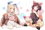  animal_ears black_hair black_legwear blonde_hair braid bunny_ears cat_ears clefairy cup dress eevee floral_print flower gen_1_pokemon gen_3_pokemon green_eyes highres lillie_(pokemon) long_hair mizuki_(pokemon) mug multiple_girls no_shoes orange_shirt pikachu pokemon pokemon_(creature) pokemon_(game) pokemon_usum shirt short_hair sitting skitty sleeveless sleeveless_dress stuffed_toy tank_top twin_braids white_dress white_legwear zuizi 