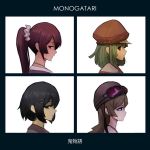  album_cover bakemonogatari black_hair blonde_hair cabbie_hat cover demon_days_cover fake_cover goggles goggles_on_head gorillaz green_hair hair_ornament hairclip hanekawa_tsubasa hat helmet highres long_hair monogatari_(series) multiple_girls oshino_shinobu parody ponytail profile purple_hair qosic sengoku_nadeko senjougahara_hitagi short_hair 