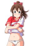  ass_visible_through_thighs bangs blue_eyes blush bow bow_panties brown_hair closed_mouth commentary_request cowboy_shot crotch_seam frown hair_bow idolmaster idolmaster_million_live! idolmaster_million_live!_theater_days lielos lifted_by_self looking_at_viewer medium_hair navel no_pants panties ponytail red_bow red_shirt satake_minako shadow shirt shirt_lift short_sleeves simple_background solo standing sweatdrop t-shirt underwear undressing white_background white_panties 