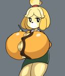  2018 animal_crossing anthro big_breasts breasts canine clothed clothing dog female fur huge_breasts hyper hyper_breasts isabelle_(animal_crossing) looking_at_viewer mammal nintendo petronoise shih_tzu simple_background skirt smile solo video_games wardrobe_malfunction yellow_fur 