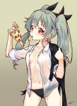  anchovy bangs black_panties carillus dress_shirt drill_hair eating food girls_und_panzer green_hair highres long_hair looking_at_viewer no_bra open_clothes open_shirt panties pizza red_eyes shirt solo twin_drills twintails underwear 