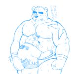  anthro bear blush canine clothed clothing daigo_kumano dialogue duo fully_clothed hug japanese_text male mammal nipples one_eye_closed open_mouth shiba-kenta shirt sketch sweat teeth text translation_request 