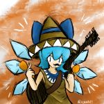  acoustic_guitar alternate_costume blue_eyes blue_hair cirno collarbone commentary eighth_note english_commentary fake_facial_hair fake_mustache guitar hair_ribbon hat instrument lenox maracas musical_note poncho pun ribbon short_hair sketch sleeveless smile solo sombrero touhou twitter_username 