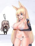  0_0 2girls :o alternate_breast_size ass_visible_through_thighs barcode black_legwear black_neckwear black_ribbon black_skirt blank_eyes blonde_hair blue_eyes blush bra breast_envy breasts chibi cloel commentary_request covered_nipples eyebrows_visible_through_hair g41_(girls_frontline) girls_frontline grey_hair hair_between_eyes highres hood hoodie large_breasts long_hair looking_at_another mechanical_arms multiple_girls navel neck_ribbon one_side_up open_mouth panties pantyhose pleated_skirt prosthesis ribbon skindentation skirt square_mouth standing thighhighs ump45_(girls_frontline) underwear underwear_only very_long_hair white_bra white_panties wide-eyed 