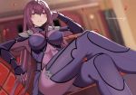  arm_rest armpits bangs blurry blush bodysuit bokeh breasts breasts_apart clenched_hand commentary couch covered_navel crossed_legs depth_of_field dutch_angle eyebrows_visible_through_hair falling_petals fate/grand_order fate_(series) foreshortening from_below gloves hair_between_eyes hair_intakes half-closed_eyes hand_on_own_head indoors large_breasts long_hair looking_at_viewer nuko_(mikupantu) on_couch parted_lips pauldrons petals purple_bodysuit purple_hair red_eyes scathach_(fate)_(all) scathach_(fate/grand_order) shoulder_armor sidelocks sitting skin_tight solo straight_hair turtleneck twitter_username very_long_hair 