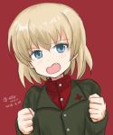  bangs blonde_hair blue_eyes clenched_hands commentary dated emblem eyebrows_visible_through_hair fang frown girls_und_panzer green_jacket jacket katyusha long_sleeves looking_at_viewer mutsu_(layergreen) open_mouth pravda_school_uniform red_background red_shirt school_uniform shirt short_hair simple_background standing tearing_up turtleneck twitter_username upper_body 
