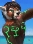  2018 anthro brown_fur conditional_dnp day delkon detailed_background digital_media_(artwork) eyebrows eyelashes fur male mammal outside red_panda sky smile solo tongue 