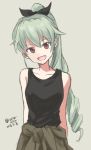  :d alternate_hairstyle anchovy arms_behind_back bangs black_ribbon black_shirt clothes_around_waist drill_hair eyebrows_visible_through_hair girls_und_panzer green_hair grey_background grey_jacket hair_ribbon head_tilt jacket jacket_around_waist long_hair looking_at_viewer muted_color mutsu_(layergreen) open_mouth ponytail red_eyes ribbon shirt smile solo standing tank_top upper_body very_long_hair 