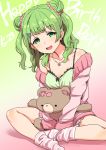  bangs blush breasts camisole cardigan clearite dated double_bun eyebrows_visible_through_hair gradient gradient_background green_camisole green_eyes green_hair hair_ornament hair_scrunchie hairclip happy_birthday long_sleeves looking_at_viewer medium_breasts morinaka_kazaki nijisanji older on_floor open_mouth pink_scrunchie scrunchie sitting smile solo striped striped_legwear stuffed_animal stuffed_toy teddy_bear virtual_youtuber 