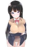  absurdres ass_visible_through_thighs black_hair black_jacket blue_eyes blush bow bowtie breasts closed_mouth collared_shirt covered_nipples eyebrows_visible_through_hair from_above hair_ornament hairclip highres jacket large_breasts long_hair long_sleeves looking_at_viewer looking_up mitsudoue nijisanji off_shoulder panties pink_neckwear school_uniform shirt simple_background smile solo tsukino_mito underwear wall white_background white_panties white_shirt wing_collar 