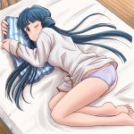  ass bangs barefoot bed blue_hair blunt_bangs bow bow_panties brown_eyes commentary_request crotch_seam eyebrows_visible_through_hair from_above idolmaster idolmaster_million_live! idolmaster_million_live!_theater_days kitakami_reika lielos long_hair long_sleeves looking_at_viewer lying on_bed on_side one_eye_closed pajamas panties pillow pillow_hug purple_panties shirt smile solo twintails underwear white_shirt wooden_floor 