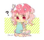  :3 =_= ? animal animalization bang_dream! bangs bow butterfly_hair_ornament cat chibi commentary_request cross-laced_footwear diagonal-striped_background diagonal_stripes dress green_cat hair_bow hair_ornament hikawa_hina holding holding_animal maruyama_aya open_mouth pink_dress pink_eyes pink_footwear pink_hair shi_noyuki short_sleeves sidelocks sitting solo star star_hair_ornament striped striped_background sweatdrop twintails twitter_username v-shaped_eyebrows wrist_cuffs yellow_bow 