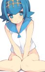  bare_shoulders between_legs blue_eyes blue_hair blue_sailor_collar blush bottomless eyebrows_visible_through_hair hair_ornament hairband hand_between_legs hands_together highres knees_together_feet_apart looking_at_viewer nigo_(aozoragarou) open_mouth pokemon pokemon_(game) pokemon_sm sailor_collar shirt simple_background sitting sleeveless sleeveless_shirt solo suiren_(pokemon) trial_captain v_arms wariza white_background white_shirt 