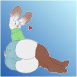  &lt;3 anthro big_butt brown_fur bulge butt clothed clothing denim_shorts fur grey_fur knee_high_socks lagomorph legwear looking_at_viewer looking_back male mammal rabbit shorts simple_background smile socks solo sweater thick_thighs twistedlilheart 