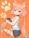  ahoge animal_ear_fluff animal_ears ass bike_shorts black_choker black_shorts blush_stickers cat_ears choker commentary_request controller dualshock eyebrows_visible_through_hair game_controller gamepad hair_bobbles hair_ornament hinata_channel long_hair looking_at_viewer low_twintails nekomiya_hinata o_hamachi open_mouth orange_background pink_hair shorts sitting smile solo striped striped_legwear twintails twitter_username very_long_hair virtual_youtuber 