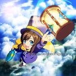  1girl a_hat_in_time blue_eyes brown_hair cape hat hat_kid hourglass long_hair nononsensei sky smile top_hat umbrella 