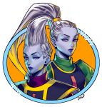  1girl absurdres brother_and_sister character_name dragon_ball dragon_ball_super expressionless high_ponytail highres lipstick long_hair makeup okada_(hoooojicha) purple_eyes purple_lipstick siblings signature silver_hair turtleneck vados_(dragon_ball) whis 