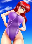  absurdres blue_sky cloud commentary_request competition_swimsuit cowboy_shot day genderswap genderswap_(mtf) hair_down hands_on_hips highleg highleg_swimsuit highres long_hair nanao_futaba one-piece_swimsuit outdoors purple_swimsuit ranma-chan ranma_1/2 red_hair saotome_ranma sky solo swimsuit 